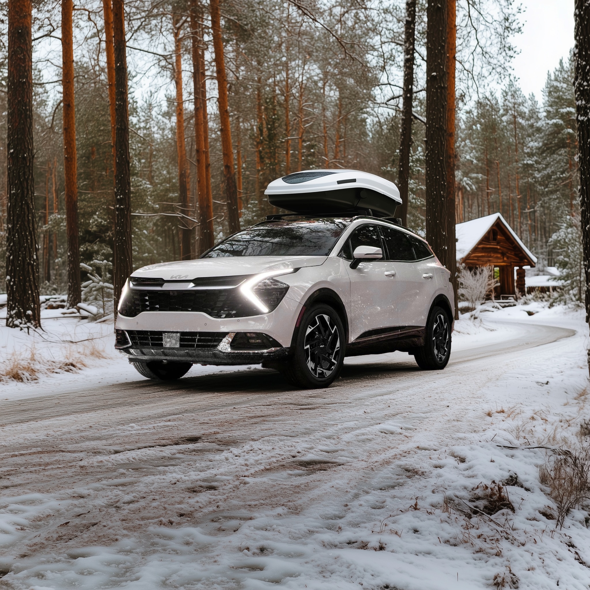 Kia équipée de pneus neige roulant sur route hivernale – montage pneus hiver par Incar Motor