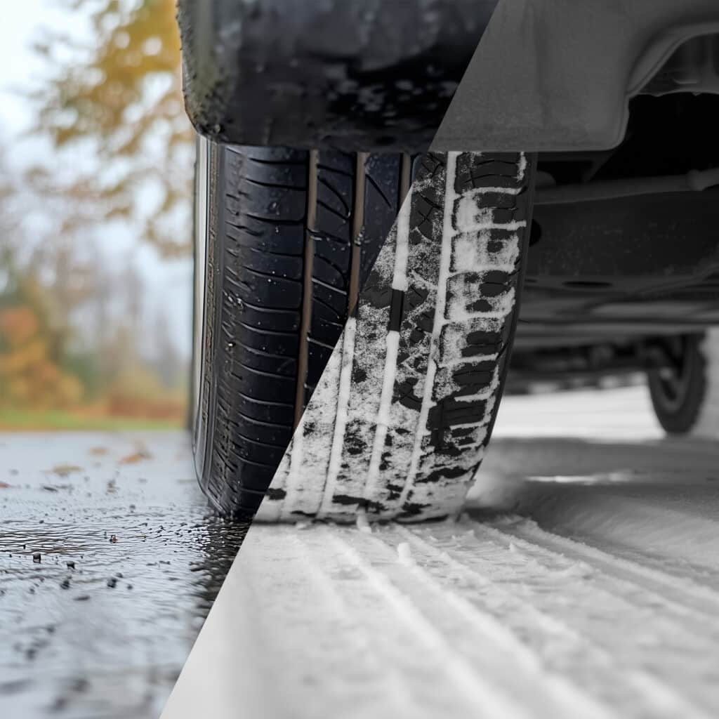 Kia équipée de pneus neige pour une bonne adhérence et protection des pneus été